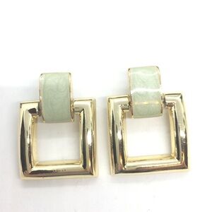 VINTAGE 80S GREEN GOLD TONE SQUARE DOOR KNOCKER CLIP ON EARRINGS